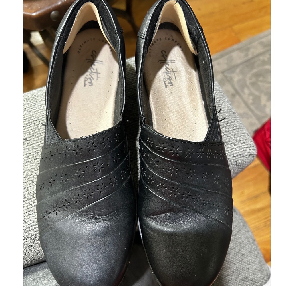 Clarks Collection Black Leather Laser Cut Floral Wedge Loafers Slip On Shoes